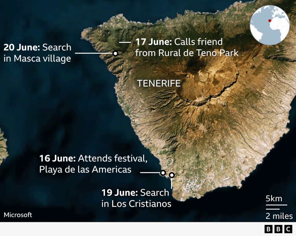 A map showing the island of Tenerife and Mr Slater's last known whereabouts