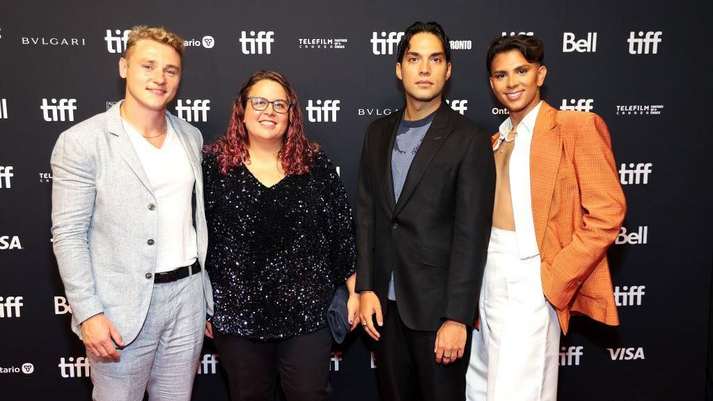 Left to right: Ben Hardy, Sally El Hosaini, James Krishna Floyd, and Jason Patel attend the Unicorns premiere during the 2023 Toronto International Film Festival in September 2023