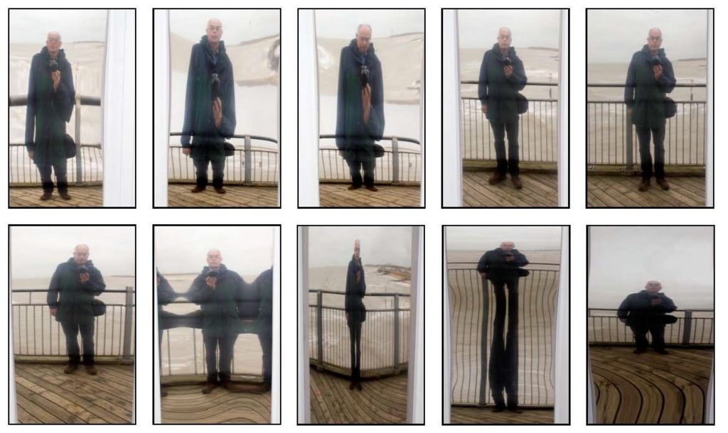 A man reflected in convex and concave mirrors at a fair