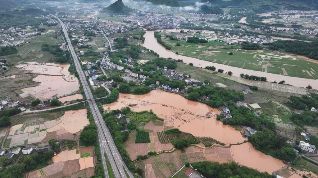 erial view of waterlogged fields after torrential rains on April 20, 2024 in Qingyuan, Guangdong Province of China. China's State Flood Control and Drought Relief Headquarters has renewed a Level-III emergency response to possible flooding in Guangdong province.