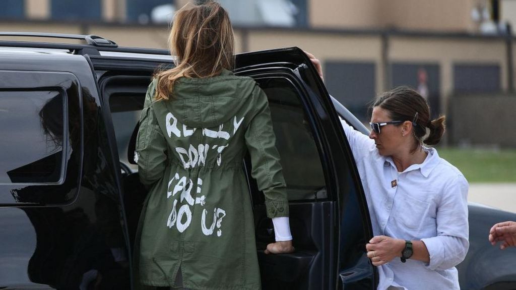 Melania Trump wearing the Zara jacket emblazoned with “I REALLY DON’T CARE, DO U?”