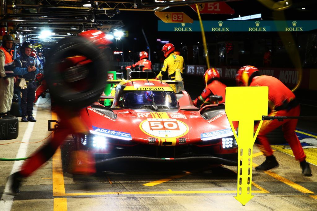 Pitstop for the Ferrari AF Corse, Ferrari 499P of Antonio Fuoco, Miguel Molina, and Nicklas Nielsen during the 24 Hours of Le Mans 