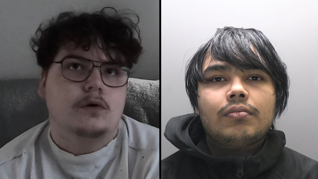 A side-by-side composite of two young men: Owen Flowers on the left has dark curly hair, large aviator-style glasses, and a light moustache, looking slightly upwards in a grey top; the one on the right has straight dark hair swept across his forehead, light facial hair, and looks directly forward in a black hooded jacket.