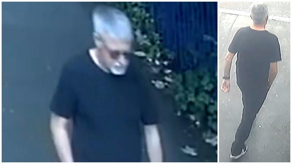 A grainy CCTV still image shows a man with sunglasses, grey hair and a black T-shirt.