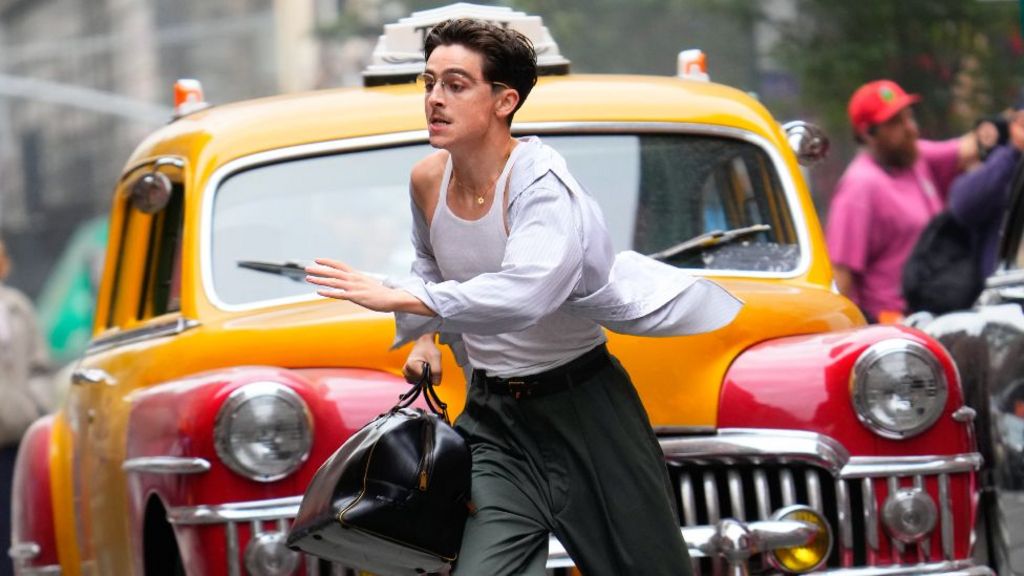 Timothee Chalamet is seen on the set of "Marty Supreme" on October 7, 2024 in New York City