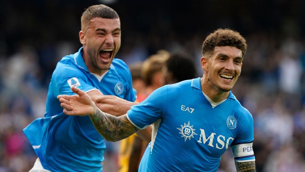 Giovanni Di Lorenzo of SSC Napoli celebrates after scoring during the Serie A match between SSC Napoli and US Lecce