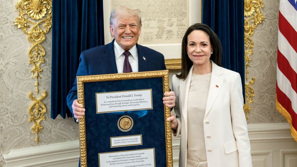 Venezuelan Nobel Peace Prize winner presents her medal to Trump Venezuelan Nobel Peace Prize winner presents her medal to Trump