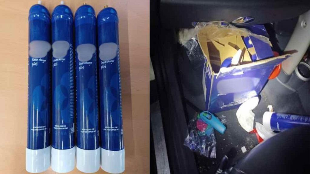 Two images next to each other showing four large nitrous oxide cannisters on the left and the cannisters inside a cardboard box inside a car