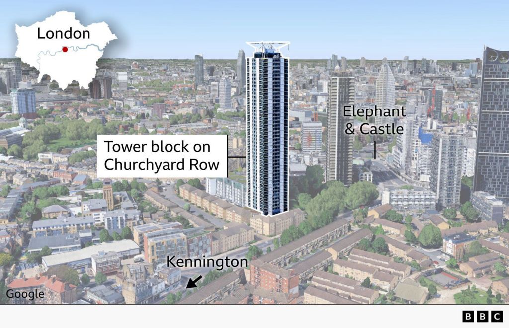 An annotated image from Google Earth of the tower block on Churchyard Row, showing the 45-floor building high above the surrounding low residential buildings. The Elephant and Castle junction is labelled to the north east of the tower block and a label shows Kennington is to the south west of the tower block. A small inset map of London shows the location of the area in the centre of the city, just south of the River Thames. 