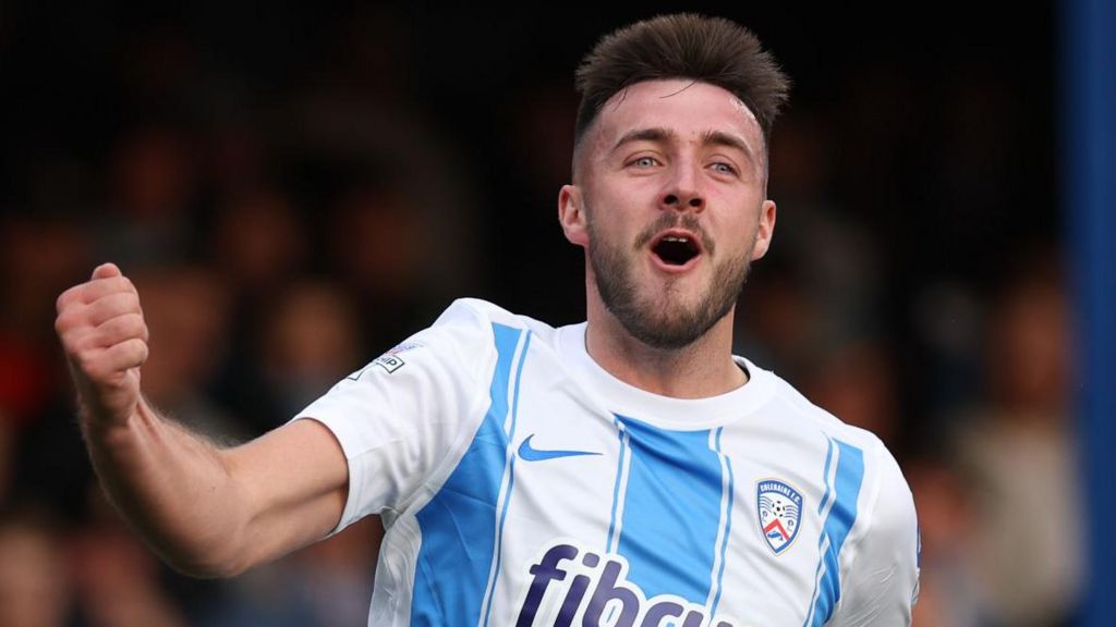  Jack Scott celebrates putting Coleraine in front at the Showgrounds