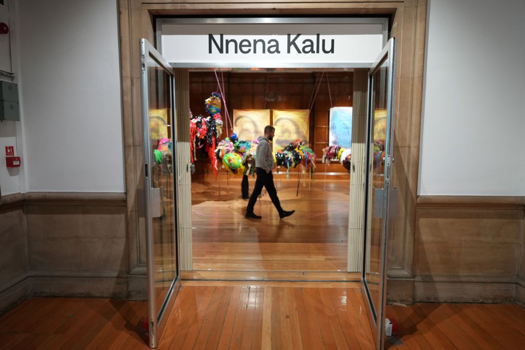 Entrance to Nnena Kalu's room in Cartwright Hall gallery, with her name above the door