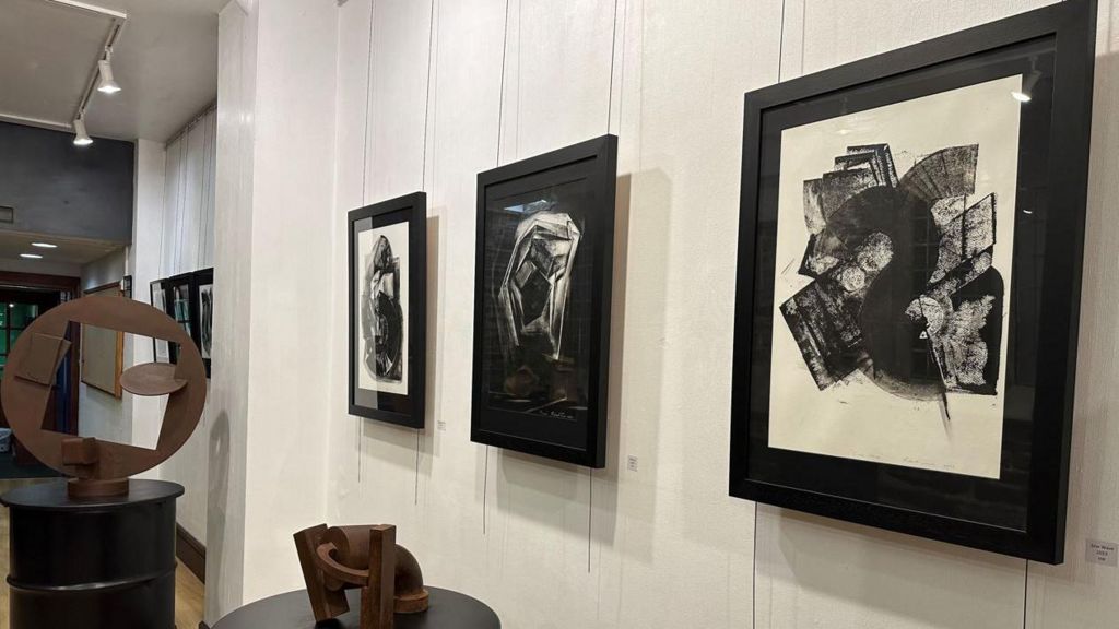 Framed ink drawings in exhibition