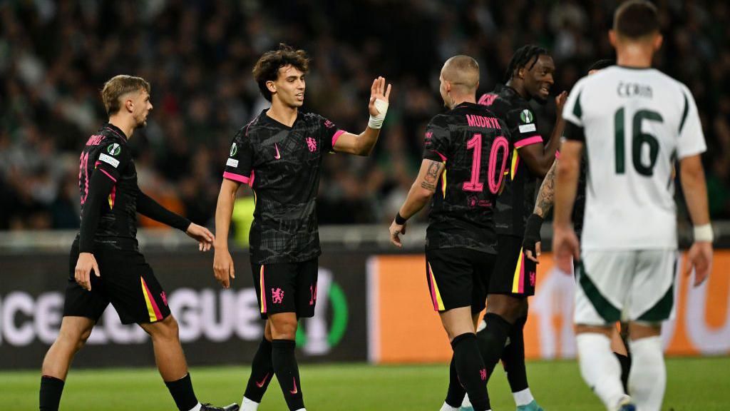 Joao Felix celebrates a goal with his Chelsea team-mates