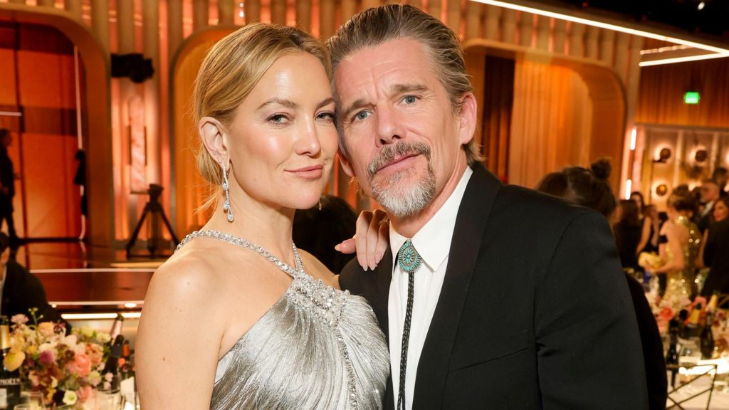 Kate Hudson and Ethan Hawke attend the 83rd Annual Golden Globe Awards at The Beverly Hilton on January 11, 2026 in Beverly Hills, California.
