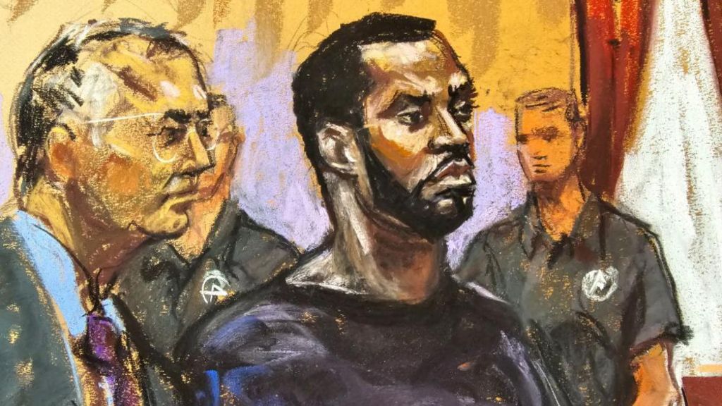 Sean "Diddy" Combs and his defense lawyer Marc Agnifilo stand before U.S. Magistrate Judge Robyn Tarnofsky after prosecutors brought three criminal charges against him in federal court in the Manhattan borough of New York City, U.S., September 17, 2024 in this courtroom sketch.