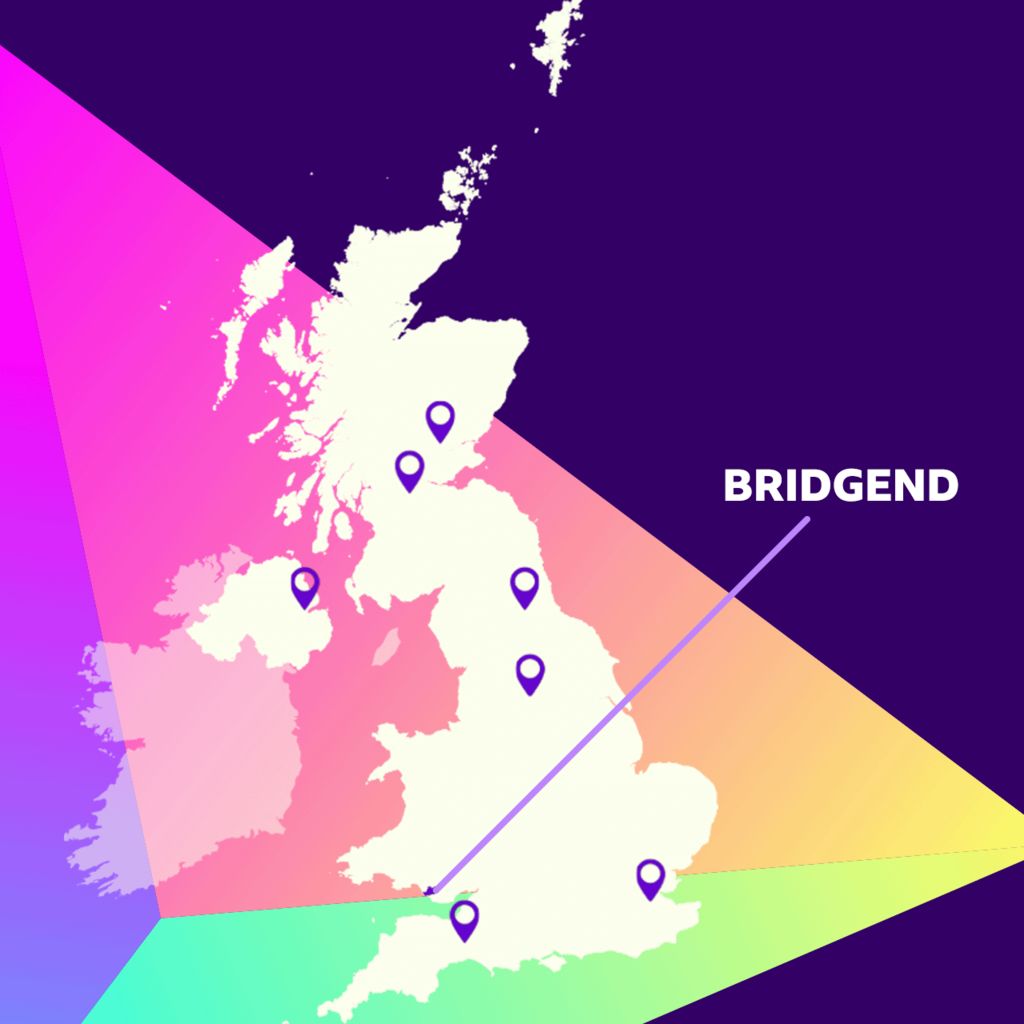 A map of the UK showing the eight battleground constituencies where the BBC's Undercover Voter profiles are based, with Bridgend in south Wales highlighted