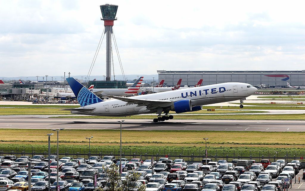 A plane takes off at London Heathrow airport.