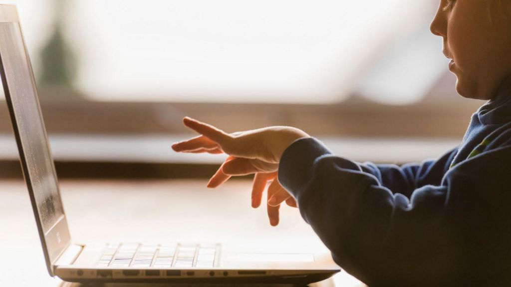 Stock image of a young caucasian boy typing at a laptop.