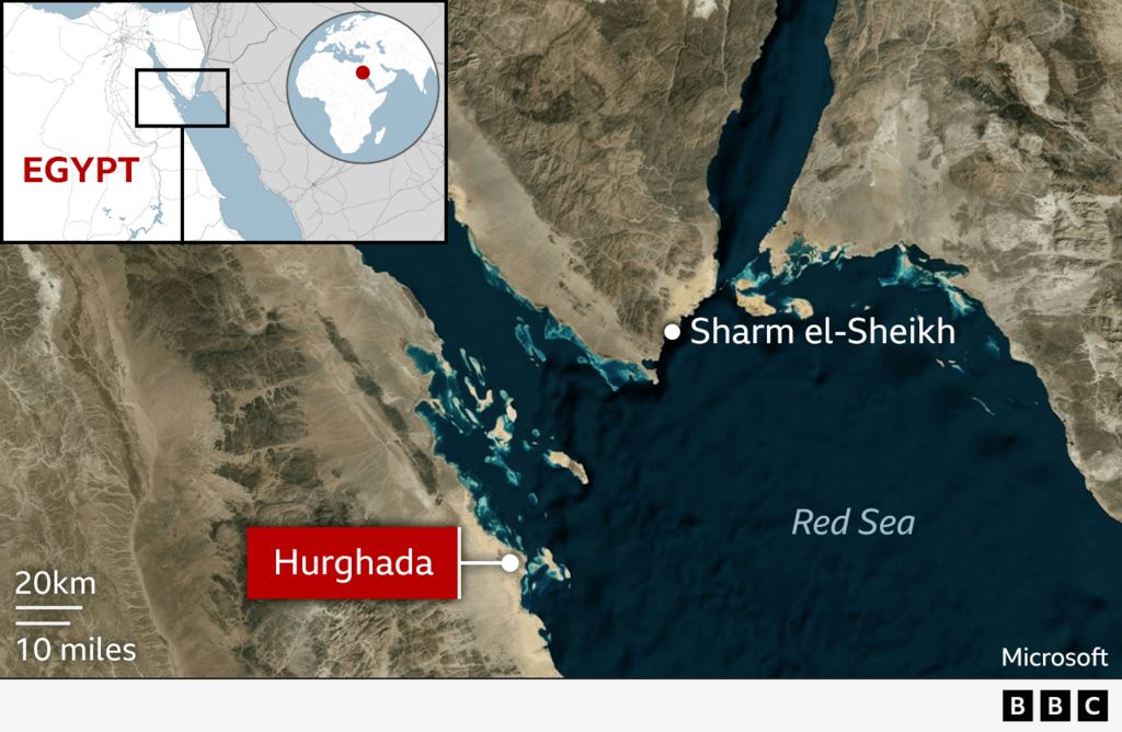 Map shows Hurghada on the Egyptian coast off the Red Sea. Also shown is Sharm el-Sheikh.