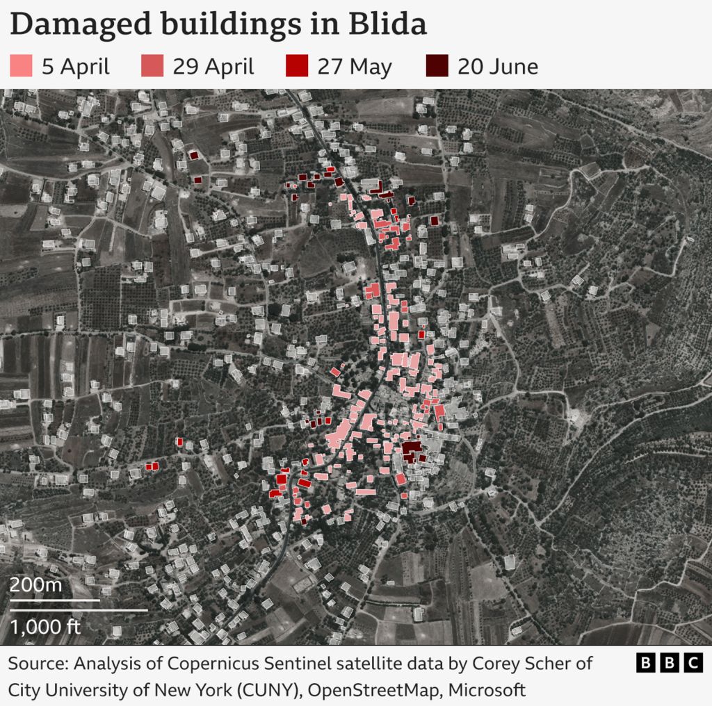 An illustrated map showing the locations of damaged buildings in Bilda