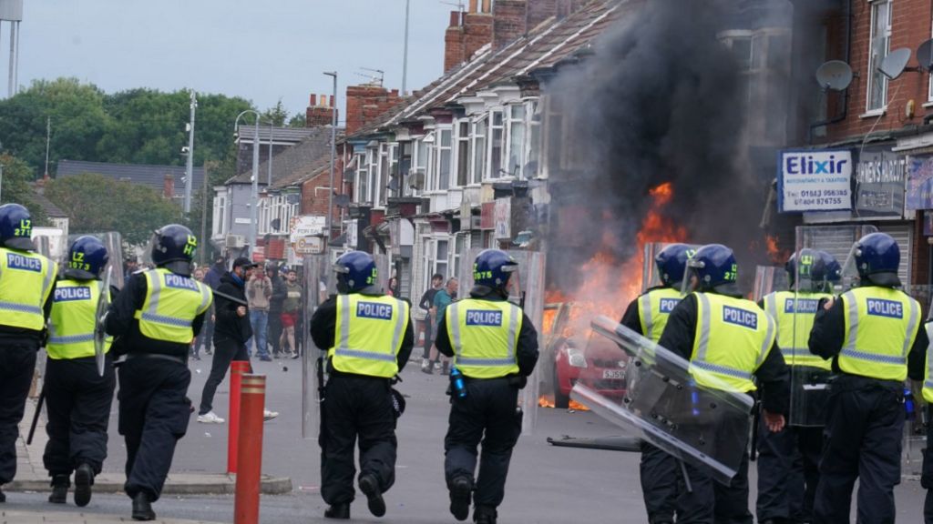 A line of police officers facing a burning car