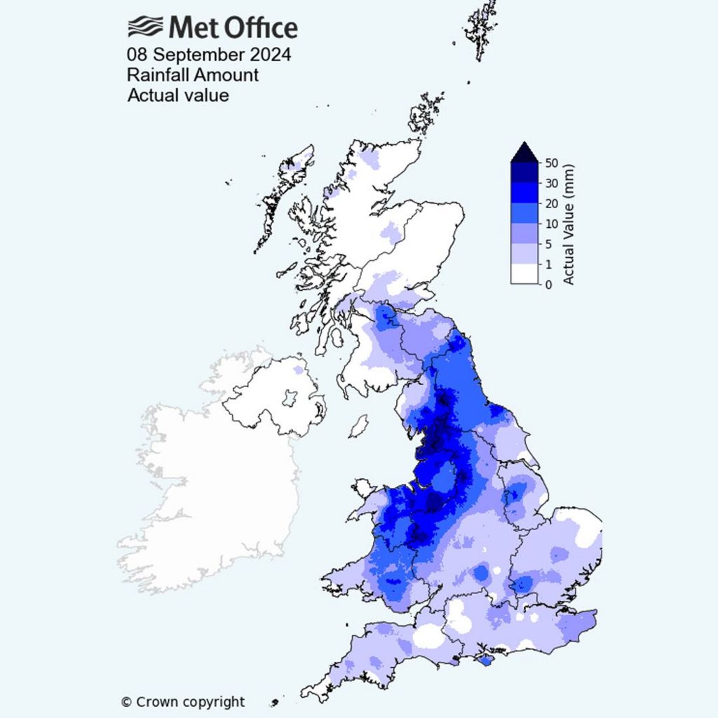 A rainfall map of the UK coloured in different shades of blue to show the amount of rainfall which fell during Sunday's rain. The darkest areas, showing precipitation of 50mm, include parts of Shropshire and north-west England.