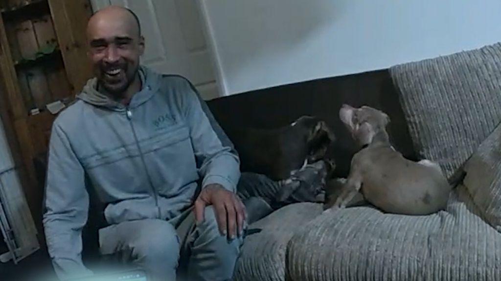 Ashley Warren is wearing a grey tracksuit next to two puppies, who are lying on a sofa next to him. Warren is laughing.
