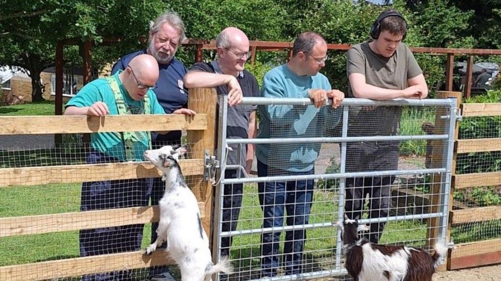 Five men lean on wooden and metal gates whilst looking at two goats - one white, one white and brown - as they inquisitively walk up to them. 