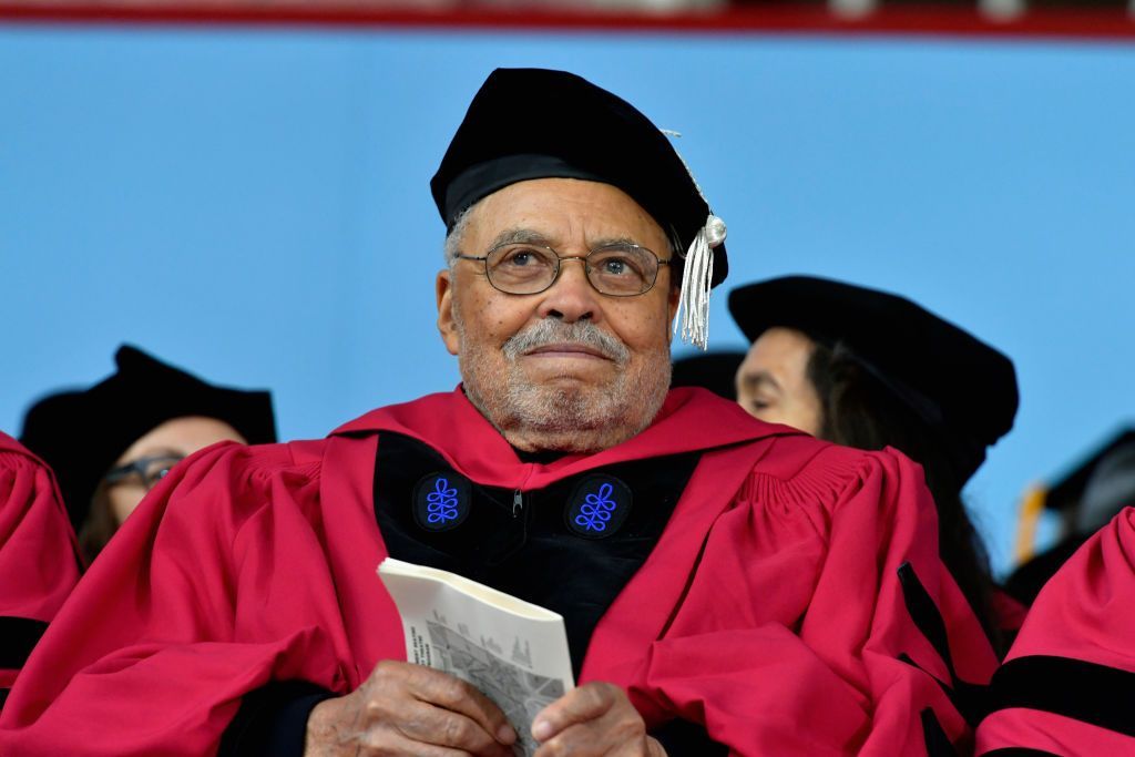 James Earl Jones, wearing a black cap and red gown, received an honorary arts doctorate from Harvard University in 2017