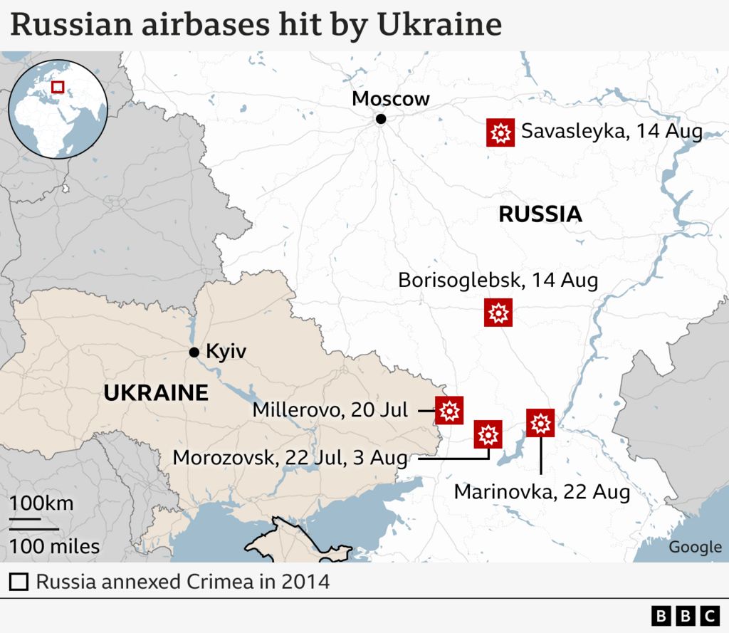 Map of Russian airbases hit by Ukraine.