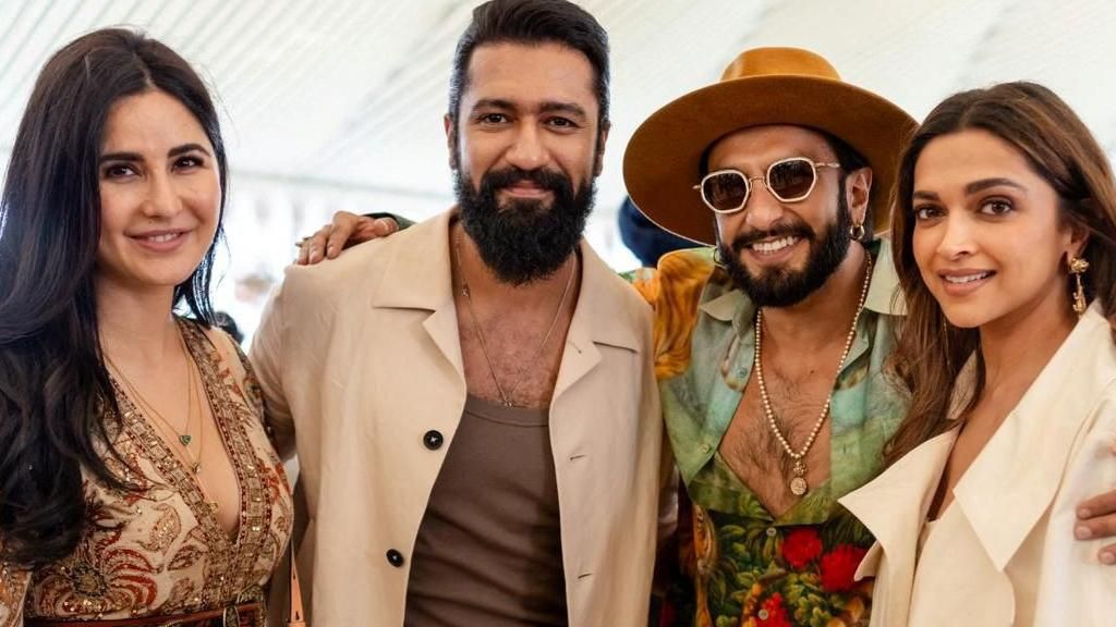 Actor Katrina Kaif, her husband and actor Vicky Kaushal, actor Ranveer Singh and his wife and actor Deepika Padukone pose during pre-wedding celebrations