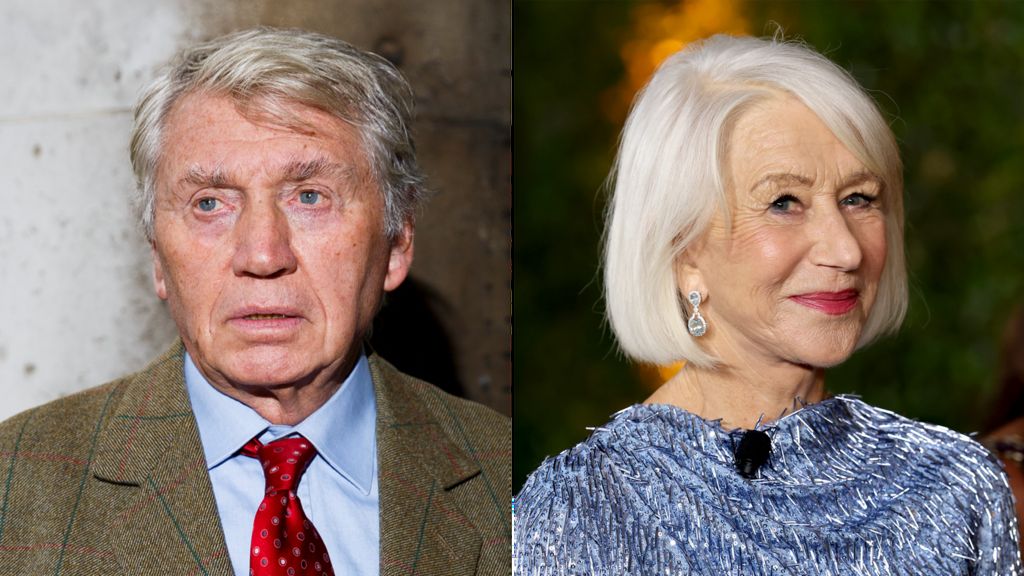 Two side-by-side portrait photographs filling the frame. The left portrait shows McCullin wearing a brown checked jacket, light blue shirt, and red tie against a plain indoor background. The right portrait shows Mirren wearing a textured light blue top with drop earrings, set against a softly lit background with green and warm-toned colours.
