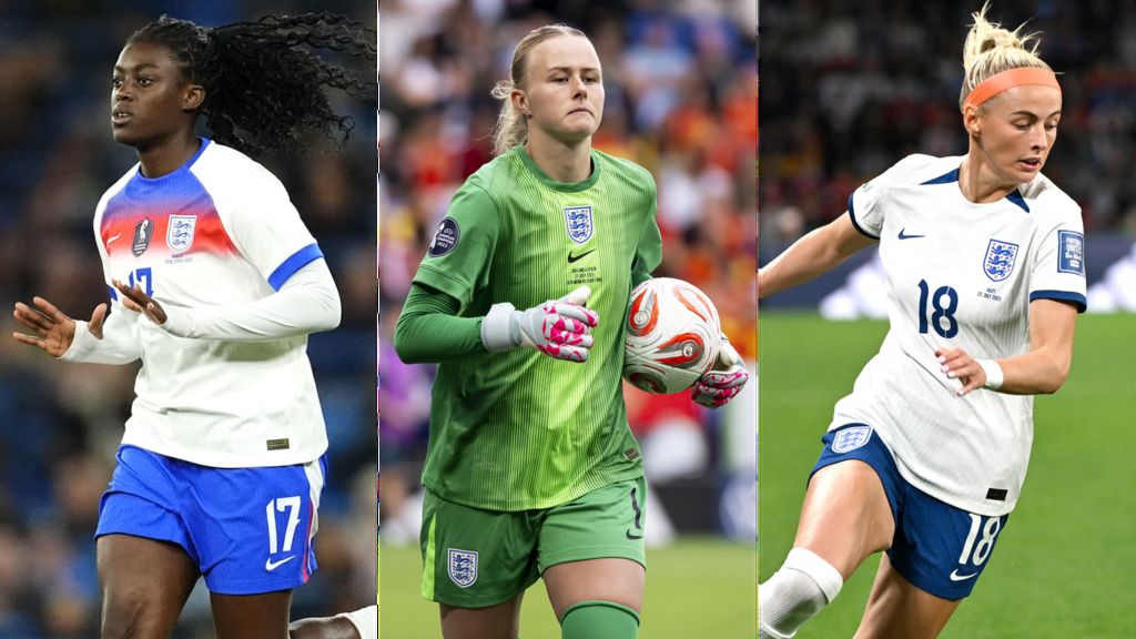 Three football players in England kits arranged in vertical panels. Agyemang wears a white shirt with a red and blue chest band, running on the pitch. Hampton wears a green goalkeeper kit, holding a football with gloved hands. Kelly wears a white shirt and blue shorts, running with the ball during play. 