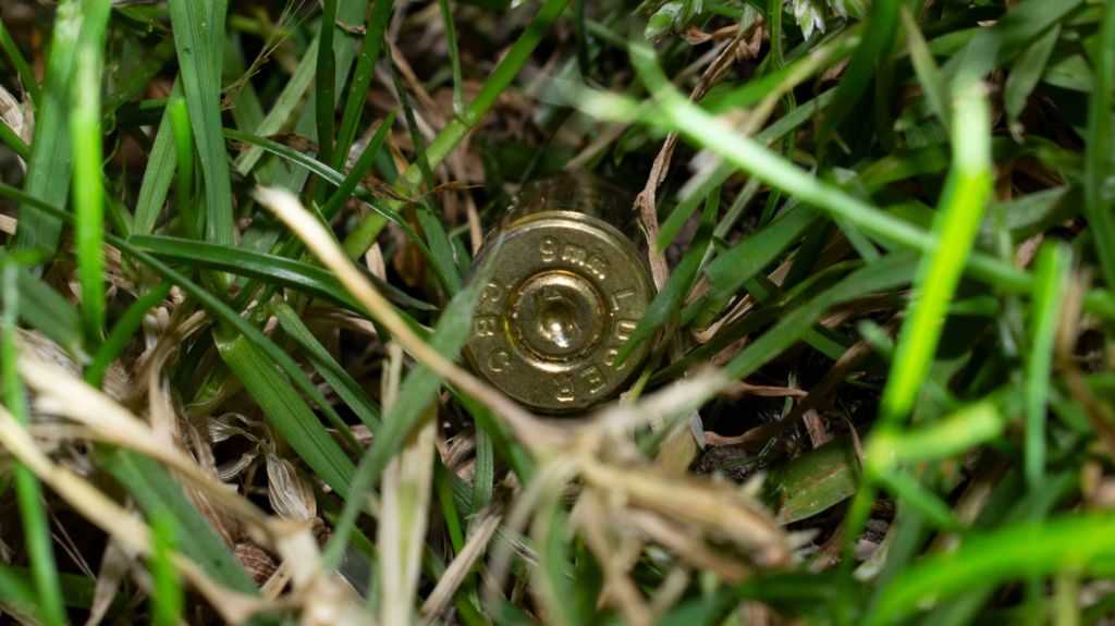 An empty 9mm bullet casing lying in grass.