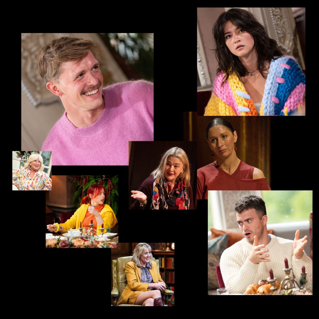 Cast of The Traitors in various outfits including, knitwear and bold colours