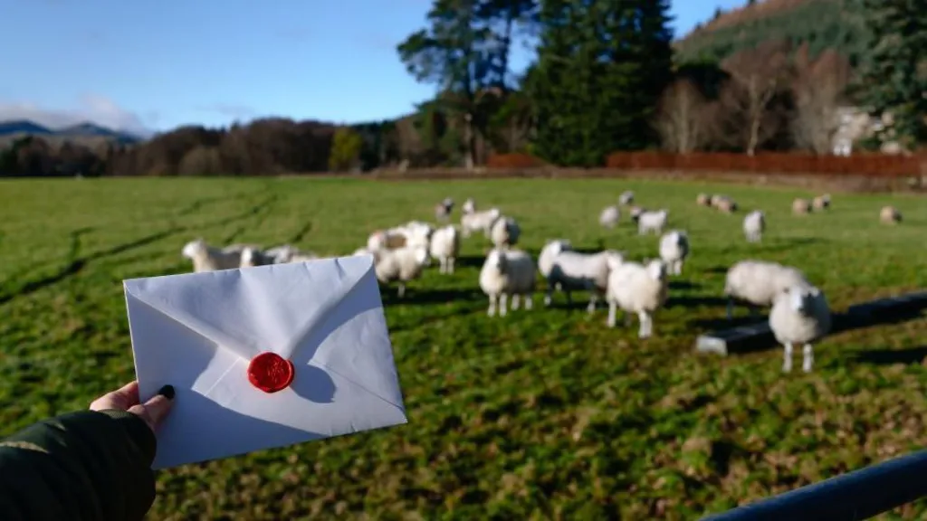 A woman's hand holding a white envelope with a red wax seal. There are sheep and woodlands in the background.