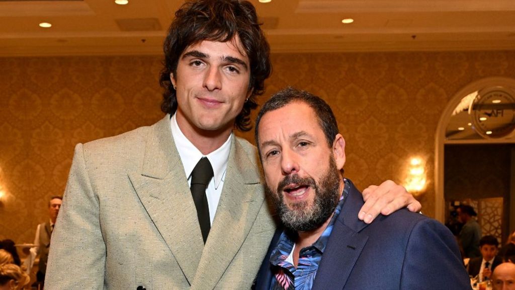 Jacob Elordi and Adam Sandler attends the AFI Awards at Four Seasons Hotel Los Angeles at Beverly Hills on January 09, 2026 in Los Angeles, California.