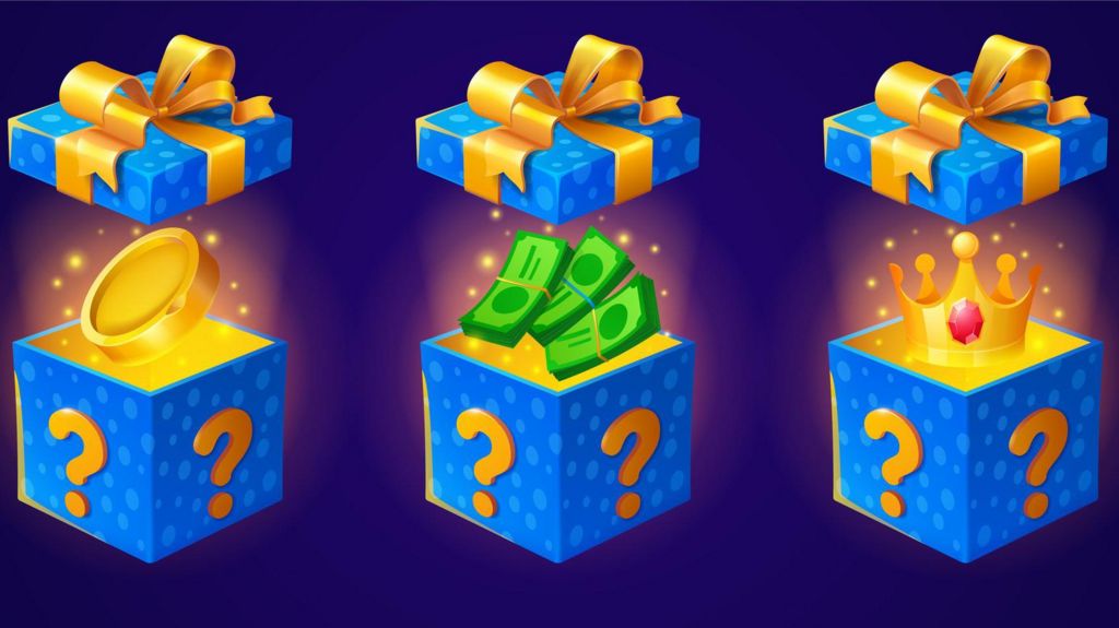 Three cartoon boxes with question marks on them are opened to reveal different contents, varying from coins, to cash, to a gold crown.