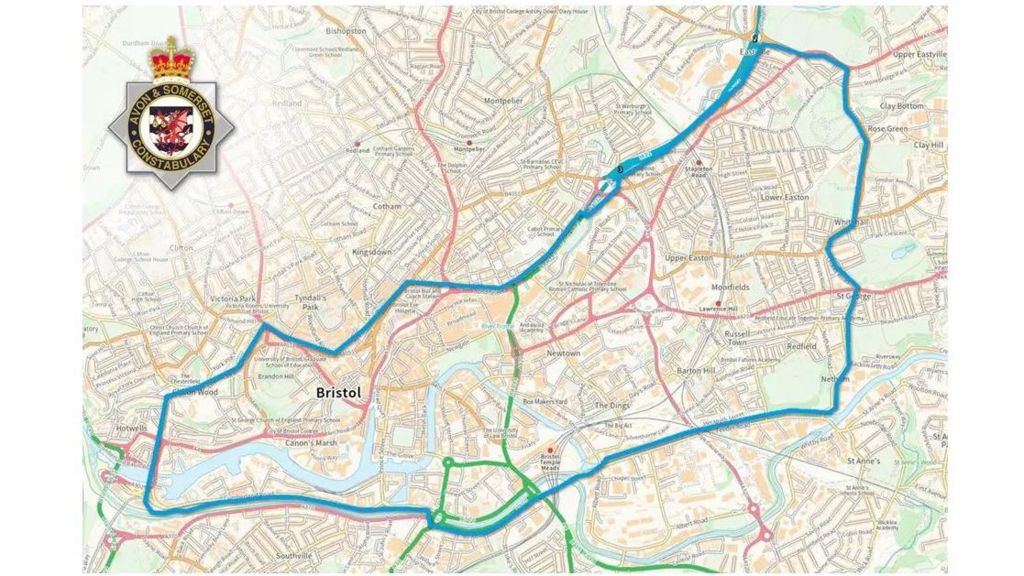 A map of Bristol, showing a zone where police have enhanced powers.