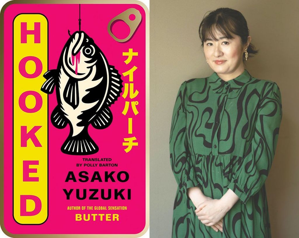 The book jacket for Hooked, it looks like the top of a can of tinned fish and is pink and yellow with a fish on the front. Plus an image of the author who has black hair with a fringe and is wearing a green and black dress.
