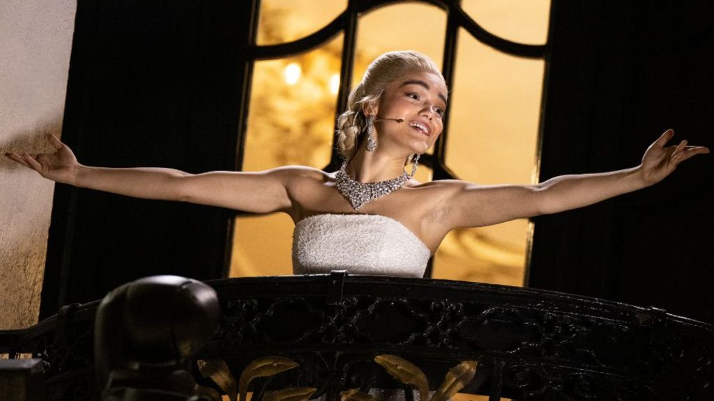 Rachel Zegler performs on the balcony as Eva Perón for the final time in "Evita" on September 06, 2025 in London, England. 