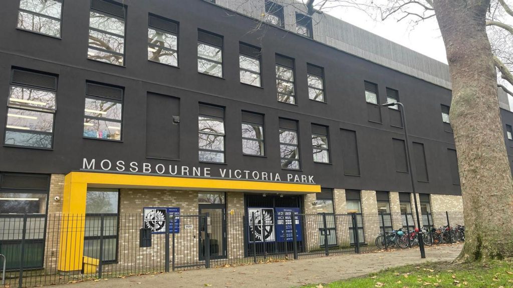 Exterior of Mossbourne Victoria Park Academy, a modern black-and-brick school building with large windows and a yellow entrance canopy, viewed from behind railings with a tree in the foreground.