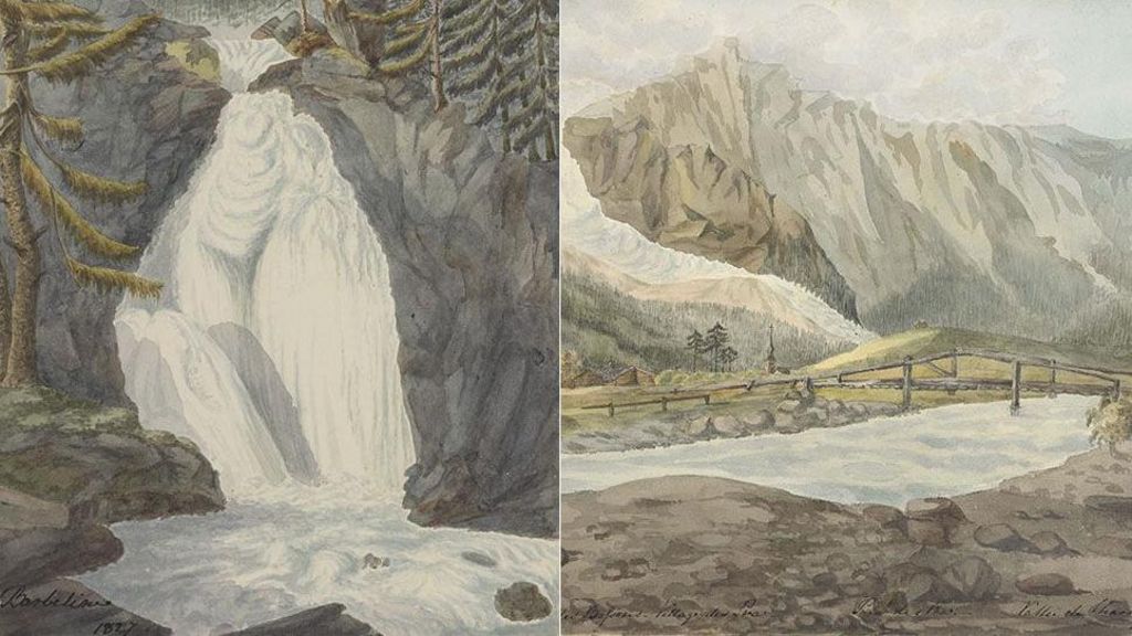Paintings Waterfall (left) and Glacier des Bossons by Elizabeth Campbell(right) by 