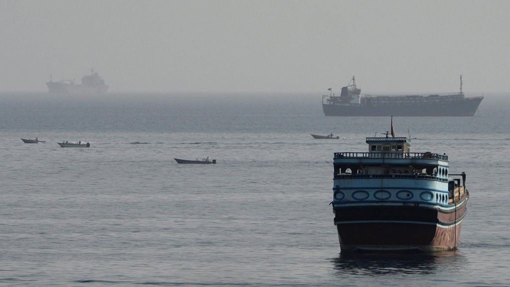 Vessels in the Strait of Hormuz, as seen from Musandam, Oman, August 3, 2026