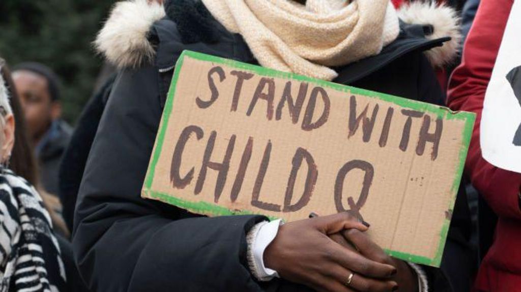 A close up of a person holding a cardboard placard stating "stand with Child Q" at a protest.