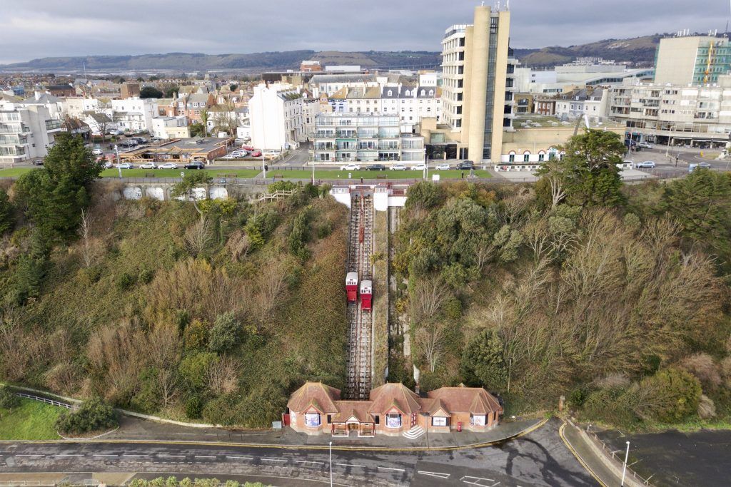 A drone image of the funicular lift going up the cliff edge to Folkestone town