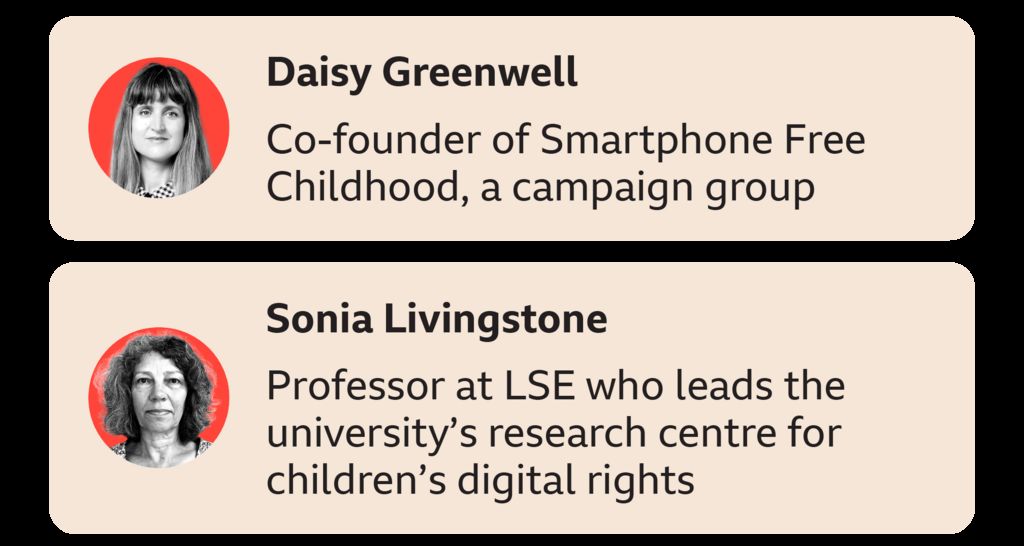 A graphic that introduces the two participants. Daisy Greenwell, Co-founder of Smartphone Free Childhood, a campaign group and Sonia Livingstone, Professor at LSE who leads the university's research centre for children's digital rights. 