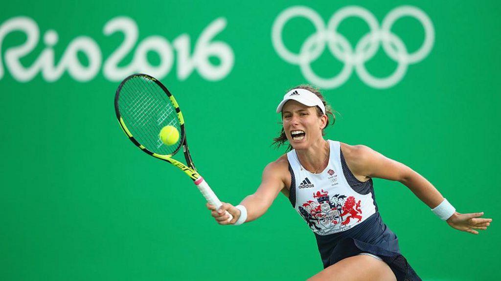 Johanna Konta hits a forehand while playing for Great Britain at the 2016 Olympic Games in Rio de Janeiro