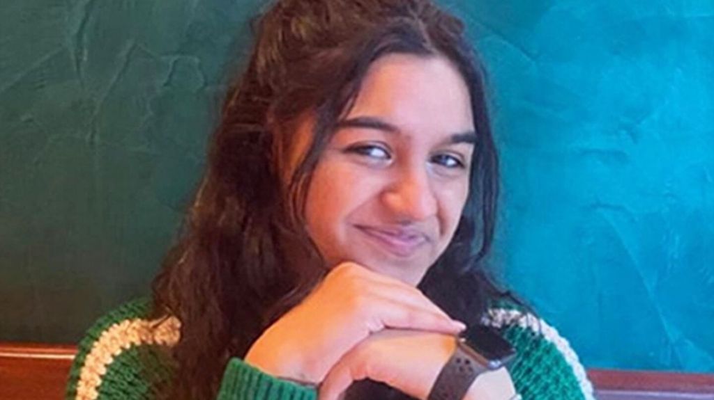 Aalia - a young woman with long, wavy hair, sits, hand propping up chin, smiling at camera.