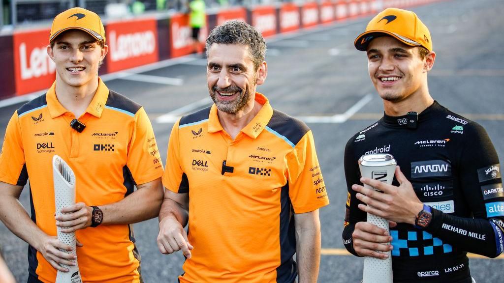 Oscar Piastri, Andrea Stella and Lando Norris